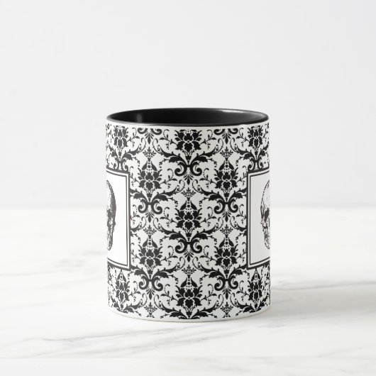 Gothic Black Damask Patroon Schedel Halloween Mok (Midden)