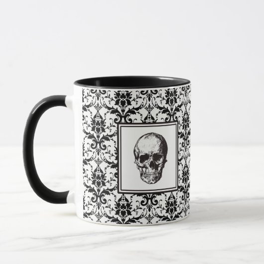 Gothic Black Damask Patroon Schedel Halloween Mok (Links)
