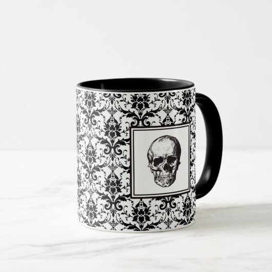 Gothic Black Damask Patroon Schedel Halloween Mok (Voorkant rechts)