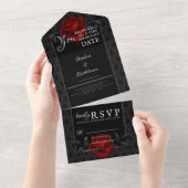 Gothic Black Damask Rose Wedding All In One Uitnodiging (Afscheurbaar)
