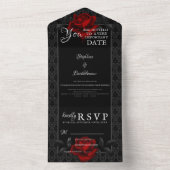 Gothic Black Damask Rose Wedding All In One Uitnodiging (Binnen)