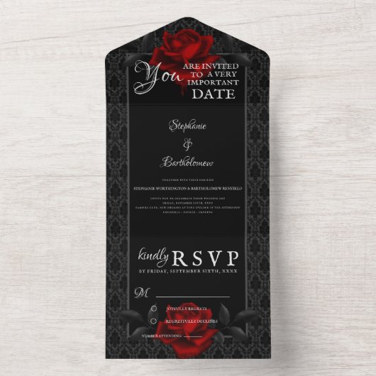 Gothic Black Damask Rose Wedding All In One Uitnodiging (Binnen)