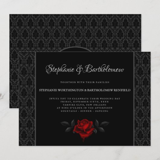 Gothic Black Damask Rose Wedding Invitation Kaart (Voorkant / Achterkant)
