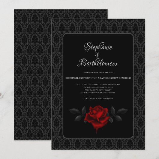 Gothic Black Damask Rose Wedding Kaart (Voorkant / Achterkant)
