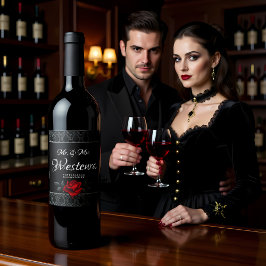 Gothic Black Damask Rose Wedding Wijn Etiket