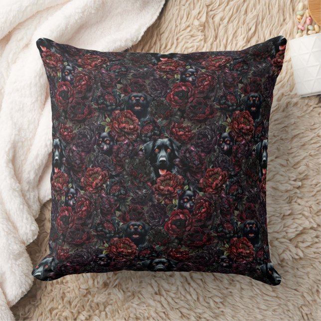 Gothic Black Dog & Dark Flowers Motief Kussen (Deken)