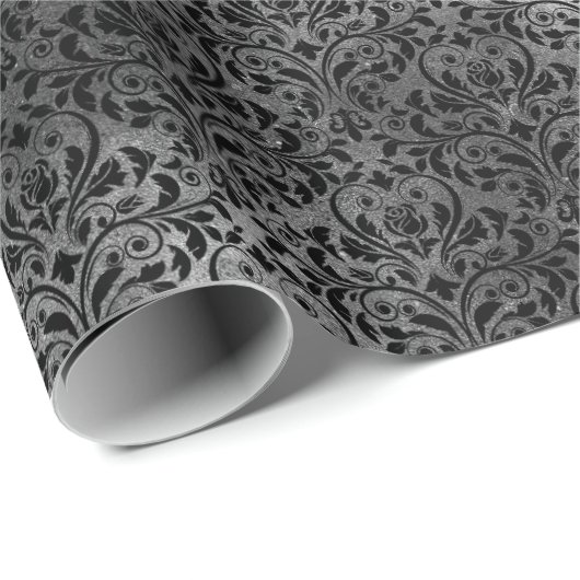 Gothic Black en Grey Grunge Damask Pattern Cadeaupapier (Rol Hoek)
