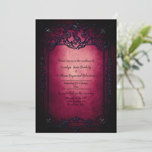 Gothic Black en Ruby Wedding Invitation Kaart (Staand voorkant)