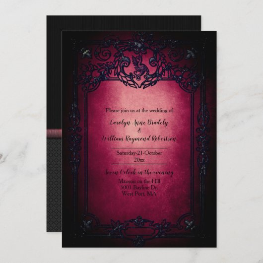 Gothic Black en Ruby Wedding Invitation Kaart (Voorkant / Achterkant)
