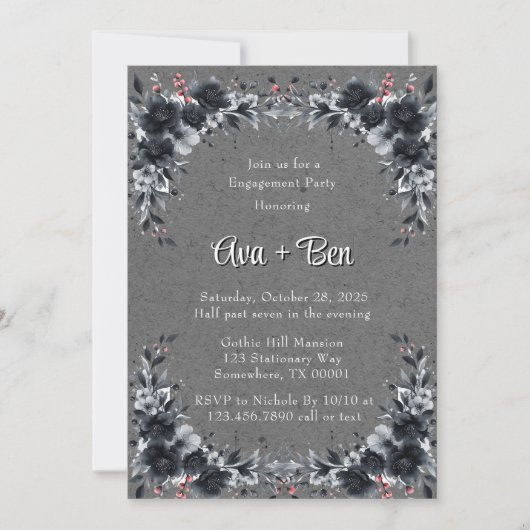Gothic Black Floral Border Engagement Party Kaart (Voorkant)