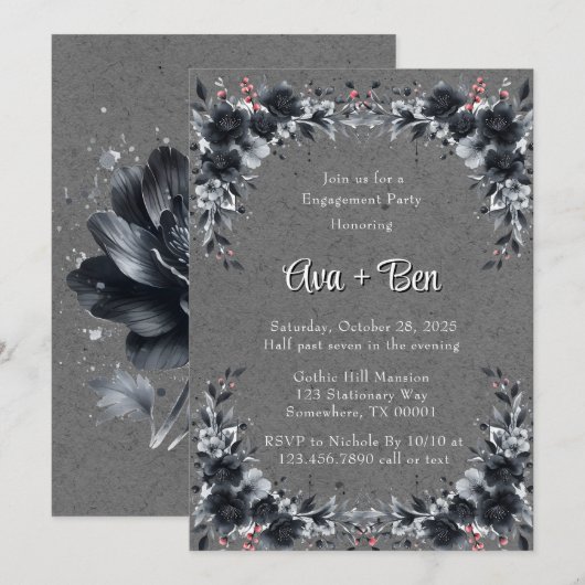 Gothic Black Floral Border Engagement Party Kaart (Voorkant / Achterkant)