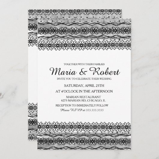 Gothic Black Floral Lace Wedding Invitations Kaart (Voorkant / Achterkant)