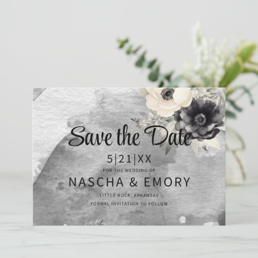 Gothic Black Floral Peony Wedding Save The Date (Staand voorkant)