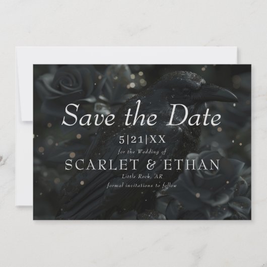 Gothic Black Floral Raven & Rose Wedding Save The Date (Voorkant)