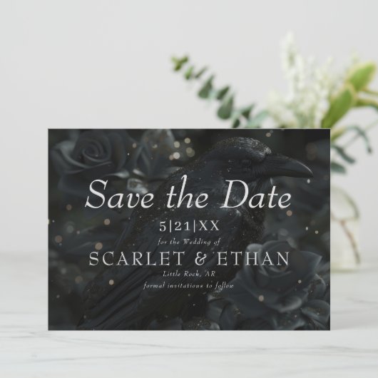 Gothic Black Floral Raven & Rose Wedding Save The Date (Staand voorkant)