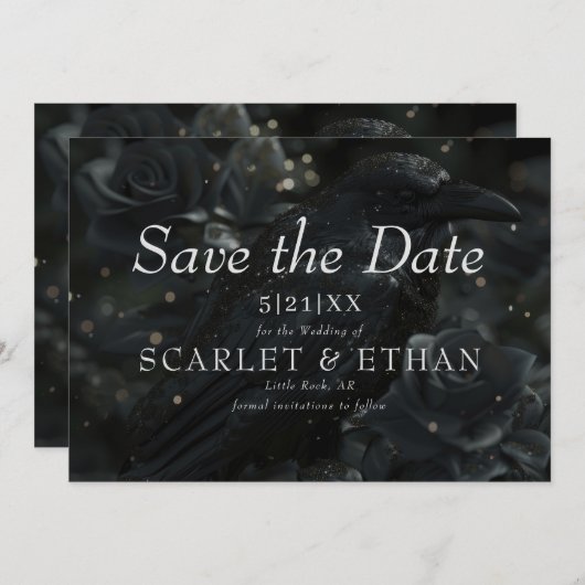 Gothic Black Floral Raven & Rose Wedding Save The Date (Voorkant / Achterkant)