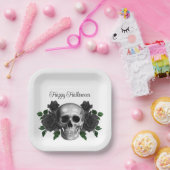 Gothic Black Floral Skull Halloween Papieren Bordje (Feest)