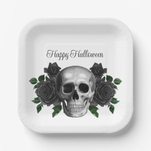 Gothic Black Floral Skull Halloween Papieren Bordje (Voorkant)