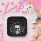 Gothic Black Floral Skull Halloween Papieren Bordje (Feest)