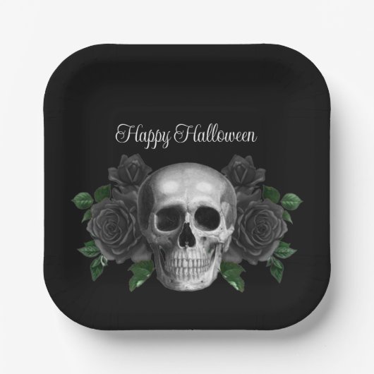 Gothic Black Floral Skull Halloween Papieren Bordje (Voorkant)