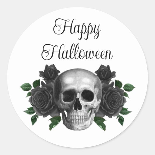 Gothic Black Floral Skull Halloween Ronde Sticker (Voorkant)