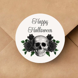 Gothic Black Floral Skull Halloween Ronde Sticker