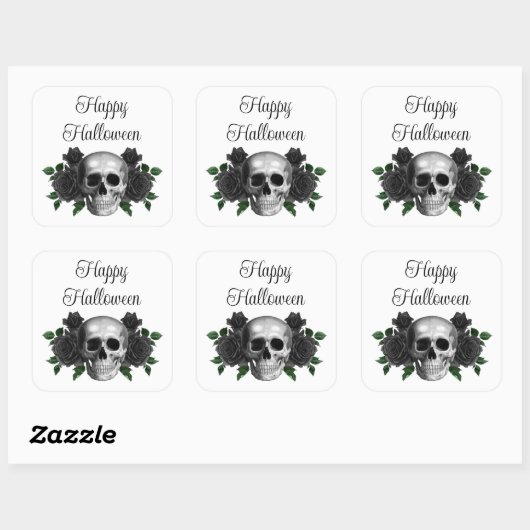 Gothic Black Floral Skull Halloween Vierkante Sticker (Vel)