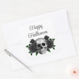 Gothic Black Floral Skull Halloween Vierkante Sticker