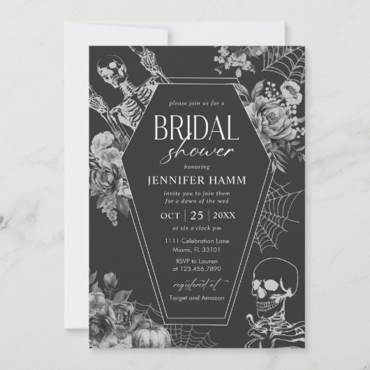 Gothic Black Floral Skull Halloween Vrijgezellenfe Kaart (Voorkant)