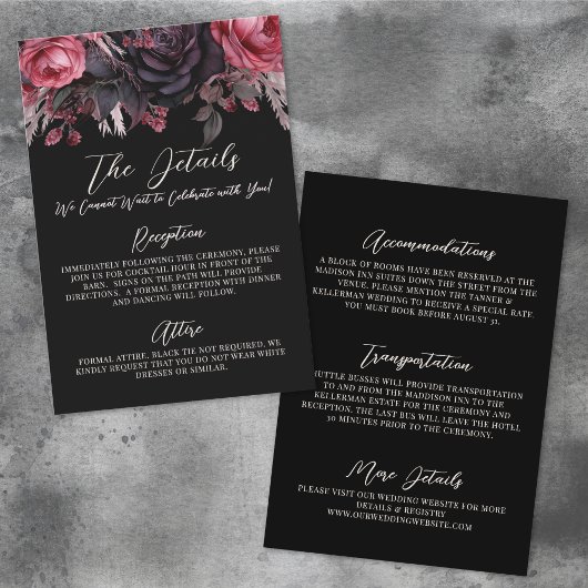 Gothic Black Floral Wedding Details Accommodaties Informatiekaartje