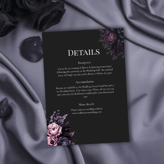 Gothic Black Floral Wedding Details Card Kaart