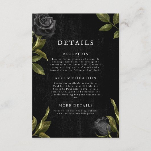 Gothic Black Floral Wedding Details Informatiekaartje (Voorkant)