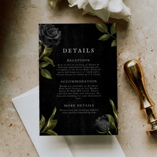 Gothic Black Floral Wedding Details Informatiekaartje
