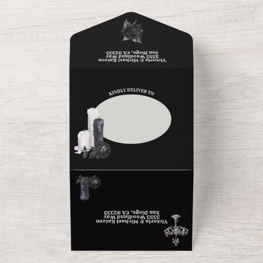 Gothic Black Floral Wedding Foto All In One Uitnodiging (Buitenkant)