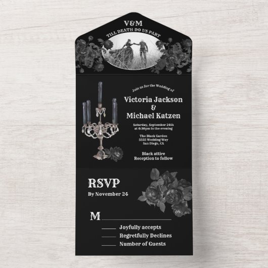 Gothic Black Floral Wedding Foto All In One Uitnodiging (Binnen)