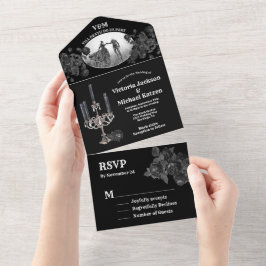 Gothic Black Floral Wedding Foto All In One Uitnodiging