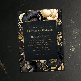 Gothic Black & Gold Peony Wedding Invitation Kaart