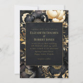 Gothic Black & Gold Peony Wedding Invitation Kaart (Voorkant)
