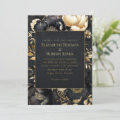 Gothic Black & Gold Peony Wedding Invitation Kaart (Staand voorkant)