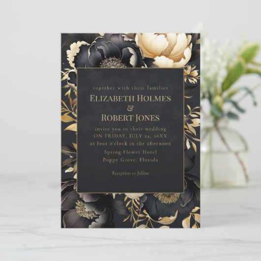 Gothic Black & Gold Peony Wedding Invitation Kaart (Staand voorkant)