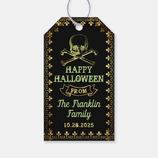 Gothic Black & Gold Skull Halloween Party Cadeaulabel (Voorkant)