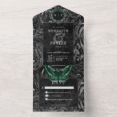 Gothic Black Green Filigree Moth No Dinner Wedding All In One Uitnodiging (Binnen)