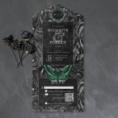 Gothic Black Green Filigree Moth QR Code Wedding All In One Uitnodiging