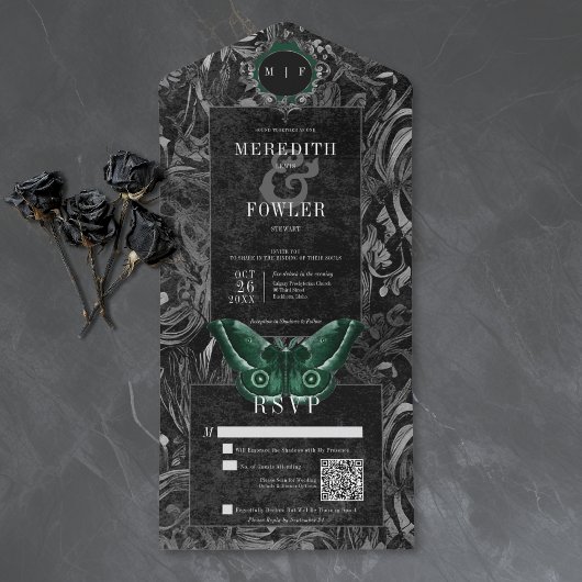 Gothic Black Green Filigree Moth QR Code Wedding All In One Uitnodiging