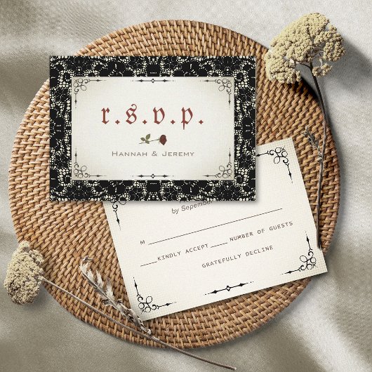 Gothic Black Lace Blood Red Rose RSVP-kaart RSVP Kaartje