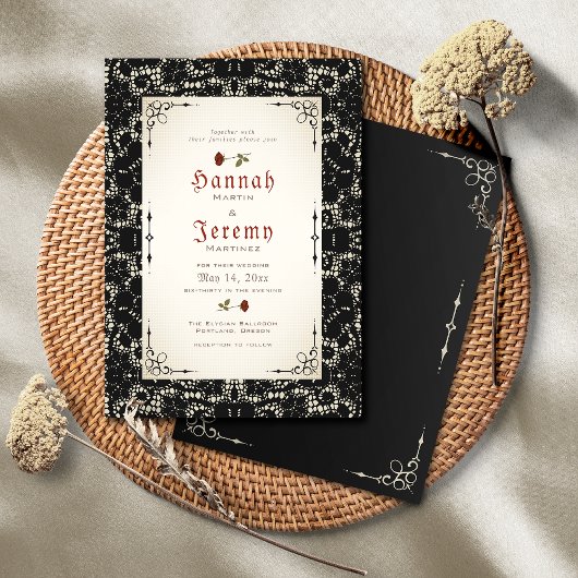 Gothic Black Lace Red Rose Wedding Invitation Kaart