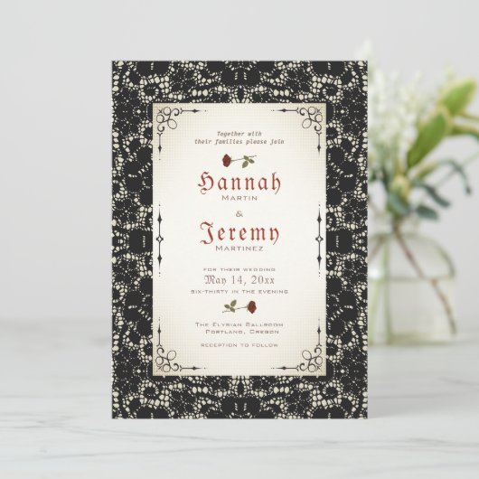 Gothic Black Lace Red Rose Wedding Invitation Kaart (Staand voorkant)