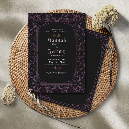 Gothic Black Magenta Lace Roos Invitation Kaart
