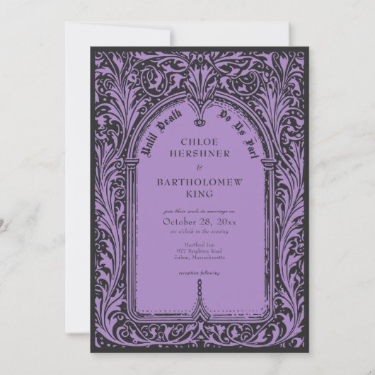 Gothic Black Purple Medieval Until Death Wedding Kaart (Voorkant)