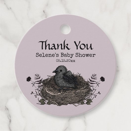 Gothic Black Raven Bird Nest Baby shower Paarse Bedankjes Labels (Voorkant)